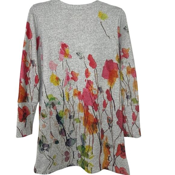 Soft Surroundings Gray Pink Floral Poppy V Neck Split Hem Tunic Top PS - Picture 2 of 11